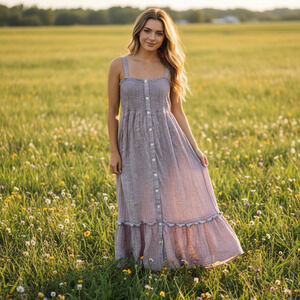 Threadgrit Cotton Smocked Maxi Dress sundress mauve lilac XL tiered ruffle boho